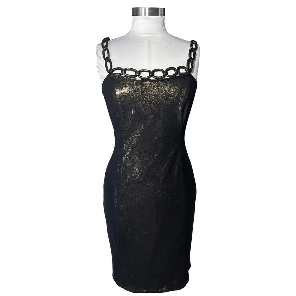 RARE Zula Studio Cocktail Dress 8 Black Gold Metallic Chain Strap Sheath